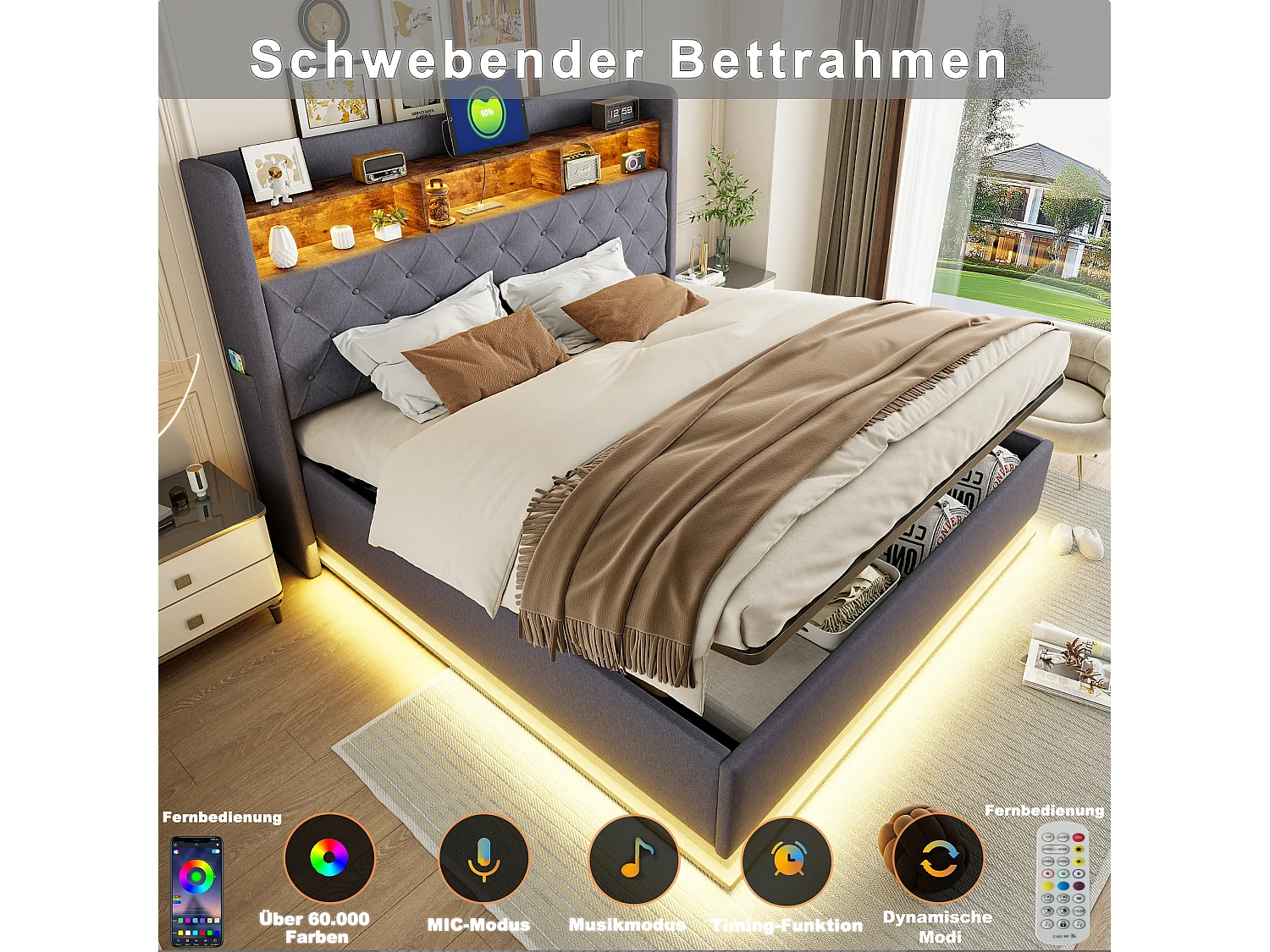 180x200 cm Bett aus Leinen mit Stauraum - mit LED- und USB-Anschlüssen - Grau