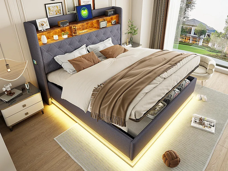 Lit coffre 160x200 cm en lin - avec LED et prises USB - Gris