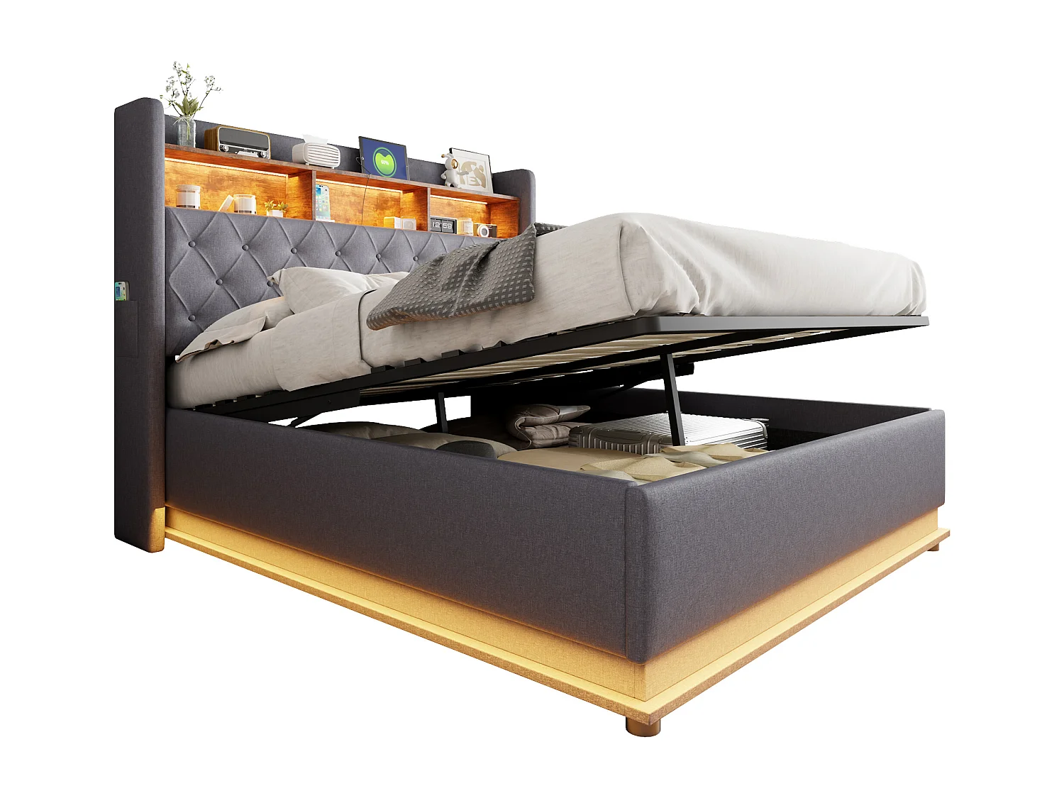 Lit coffre 160x200 cm en lin - avec LED et prises USB - Gris