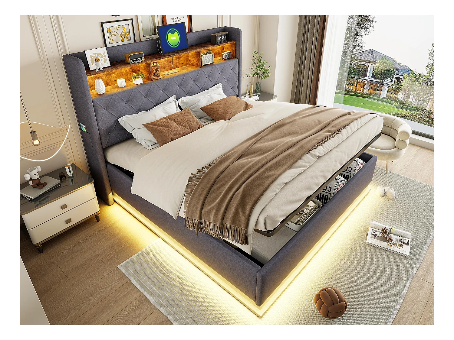 Lit coffre 160x200 cm en lin - avec LED et prises USB - Gris