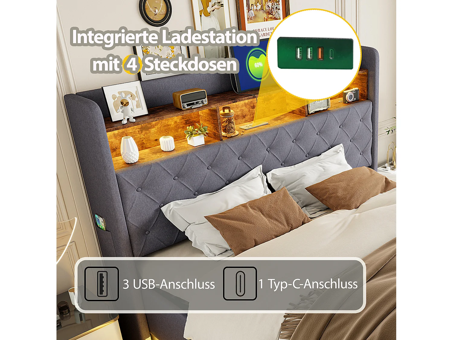 Lit coffre 160x200 cm en lin - avec LED et prises USB - Gris