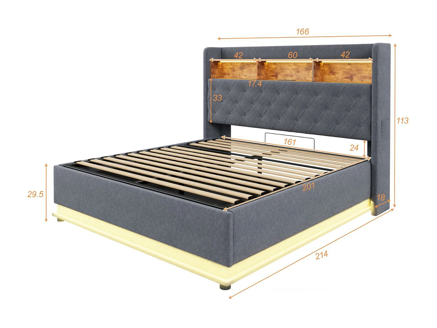 Lit coffre 160x200 cm en lin - avec LED et prises USB - Gris