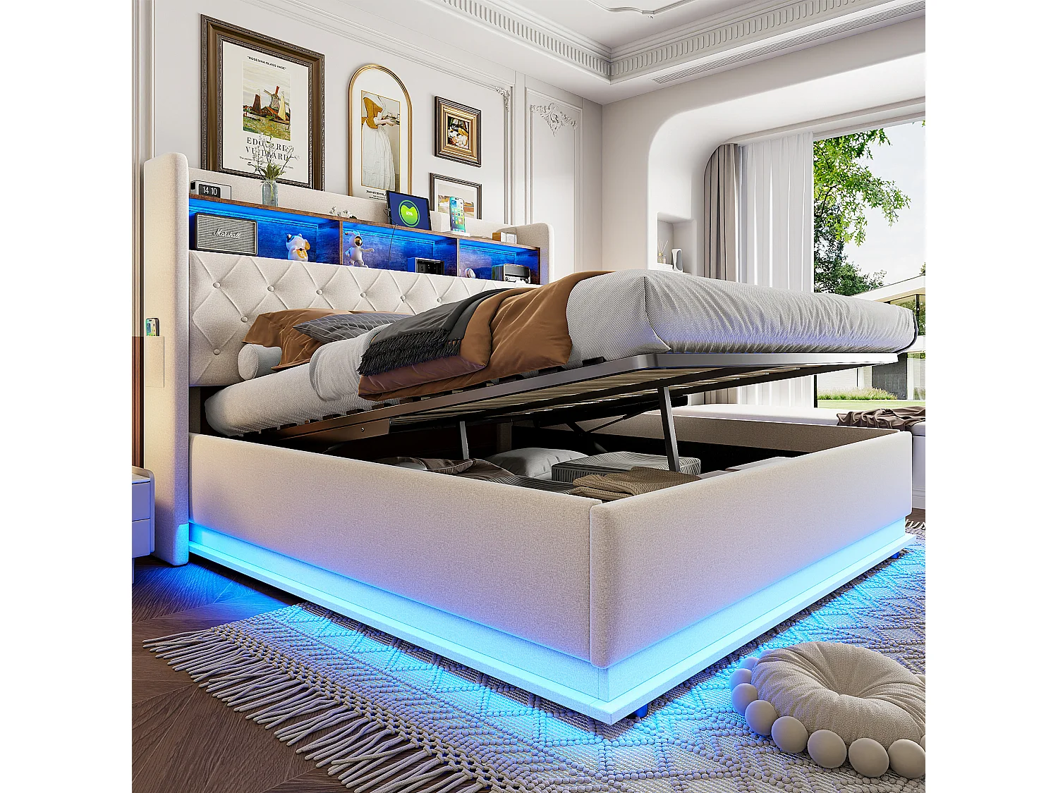 Lit coffre 180x200 cm en lin - avec LED et prises USB - Beige