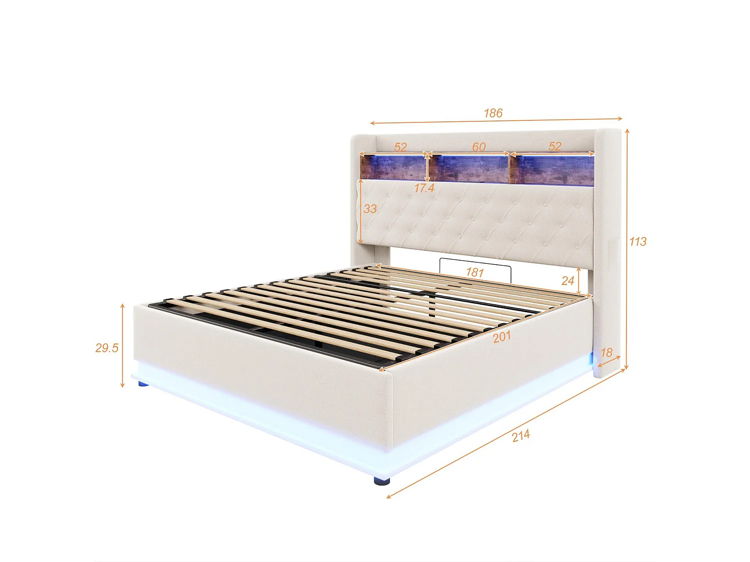 Lit coffre 180x200 cm en lin - avec LED et prises USB - Beige