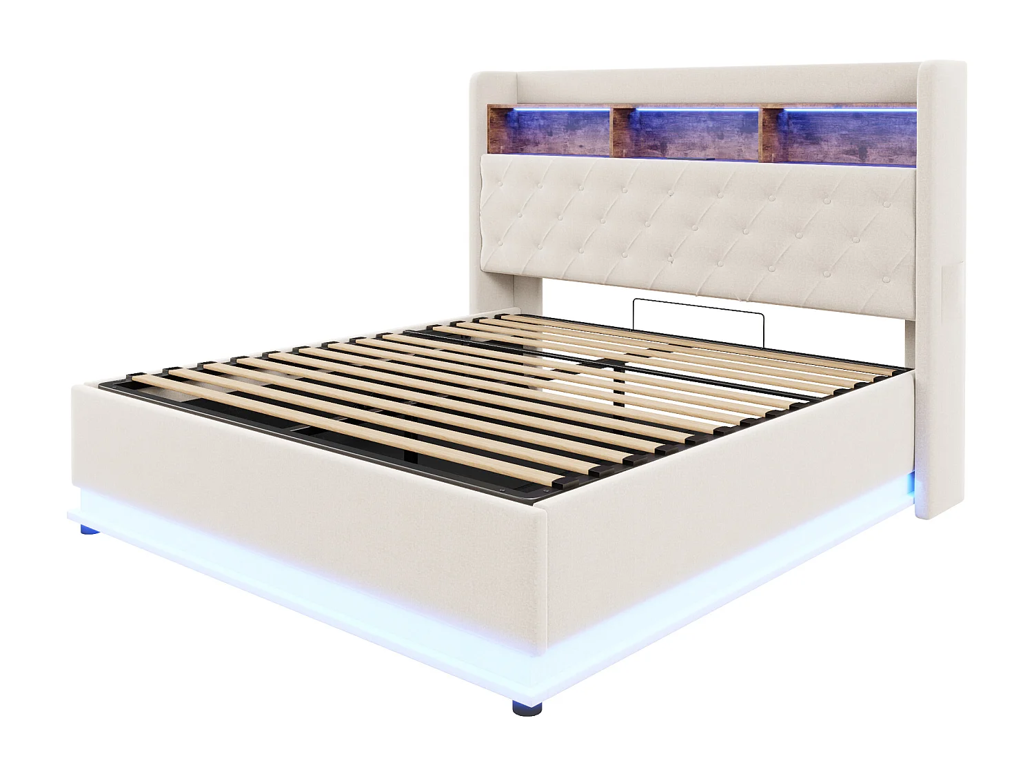 Lit coffre 180x200 cm en lin - avec LED et prises USB - Beige