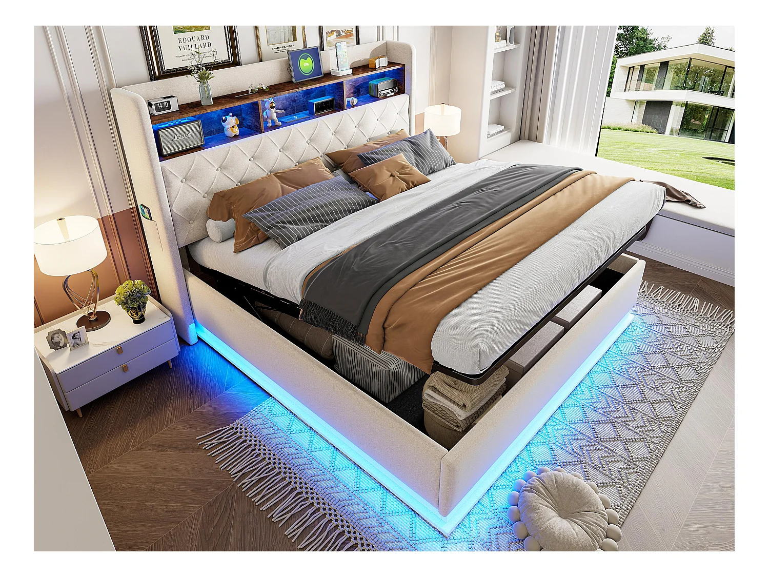 Lit coffre 180x200 cm en lin - avec LED et prises USB - Beige