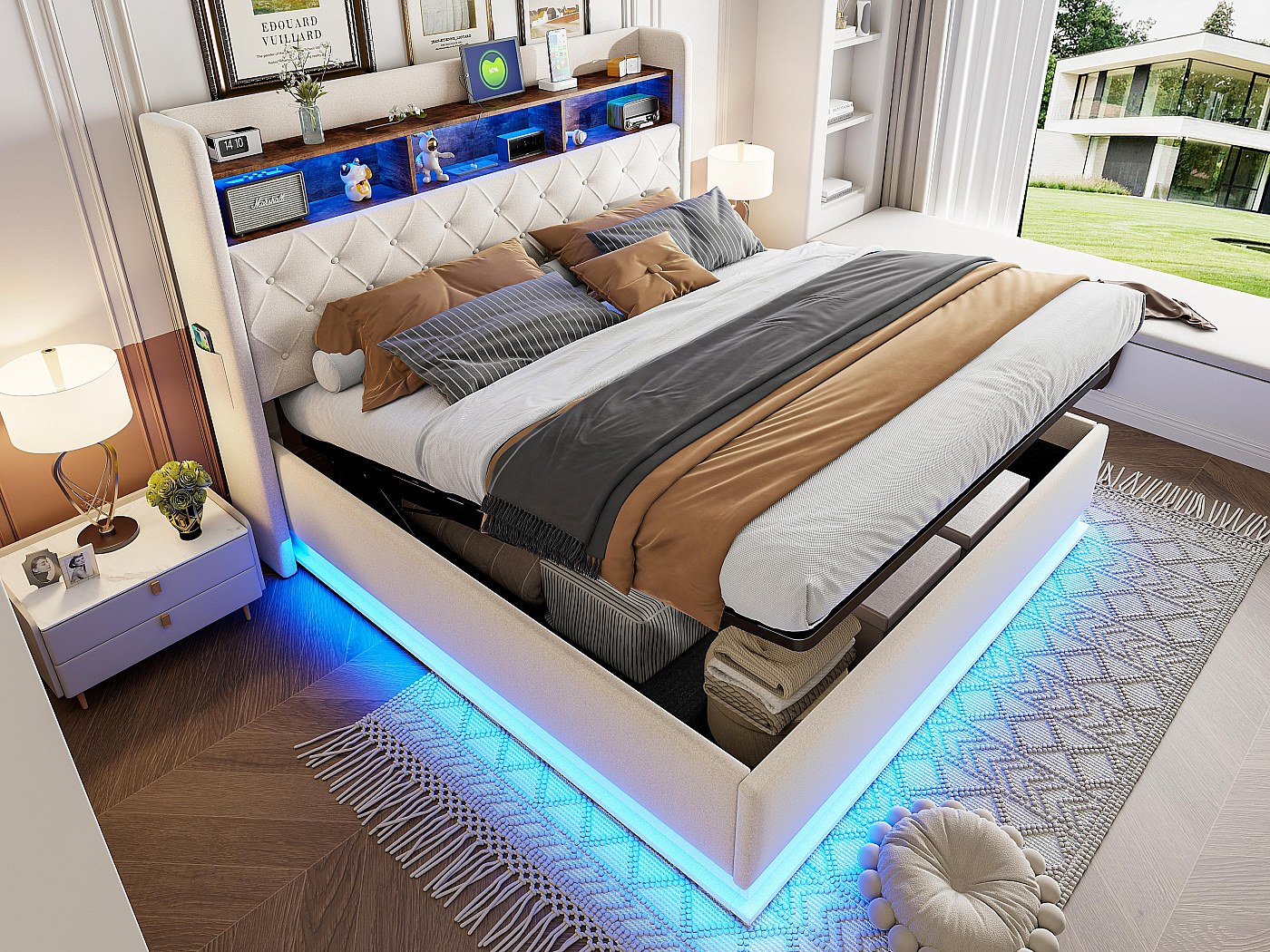 Letto contenitore 180x200 cm - con LED e prese USB - Beige