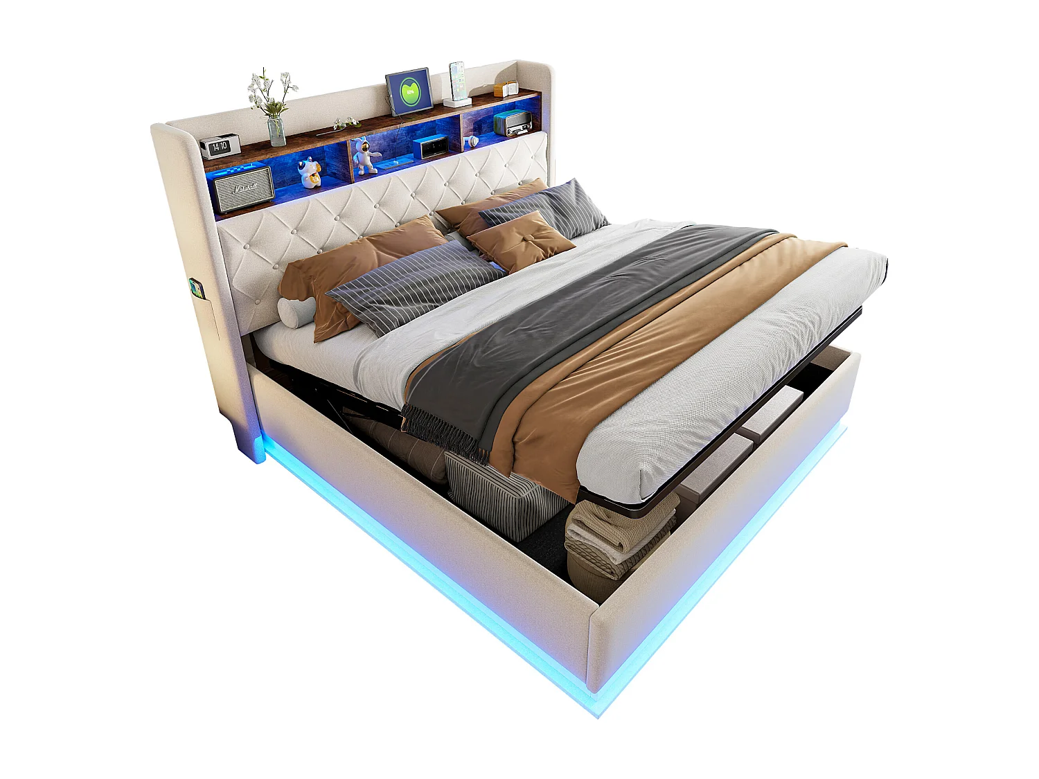 180x200 cm Bett aus Leinen mit Stauraum - mit LED- und USB-Anschlüssen - Beige