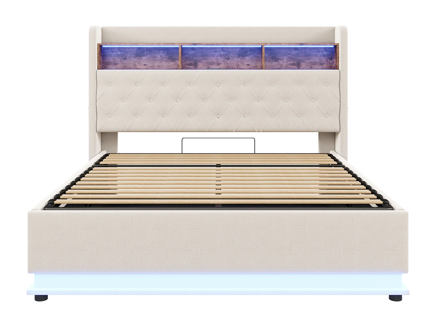 180x200 cm Bett aus Leinen mit Stauraum - mit LED- und USB-Anschlüssen - Beige