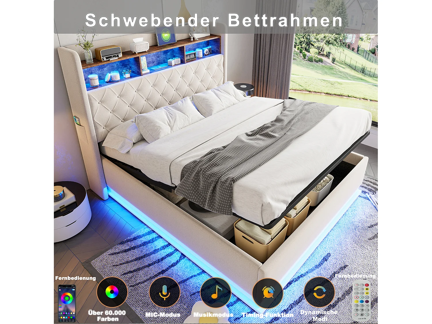 180x200 cm Bett aus Leinen mit Stauraum - mit LED- und USB-Anschlüssen - Beige