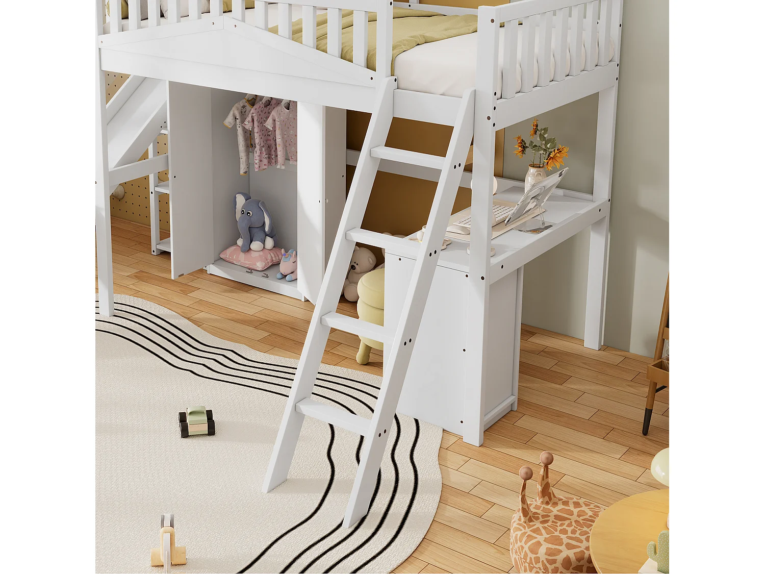 Lit mezzanine en bois 90x200 cm - avec bureau + armoire + toboggan - Blanc