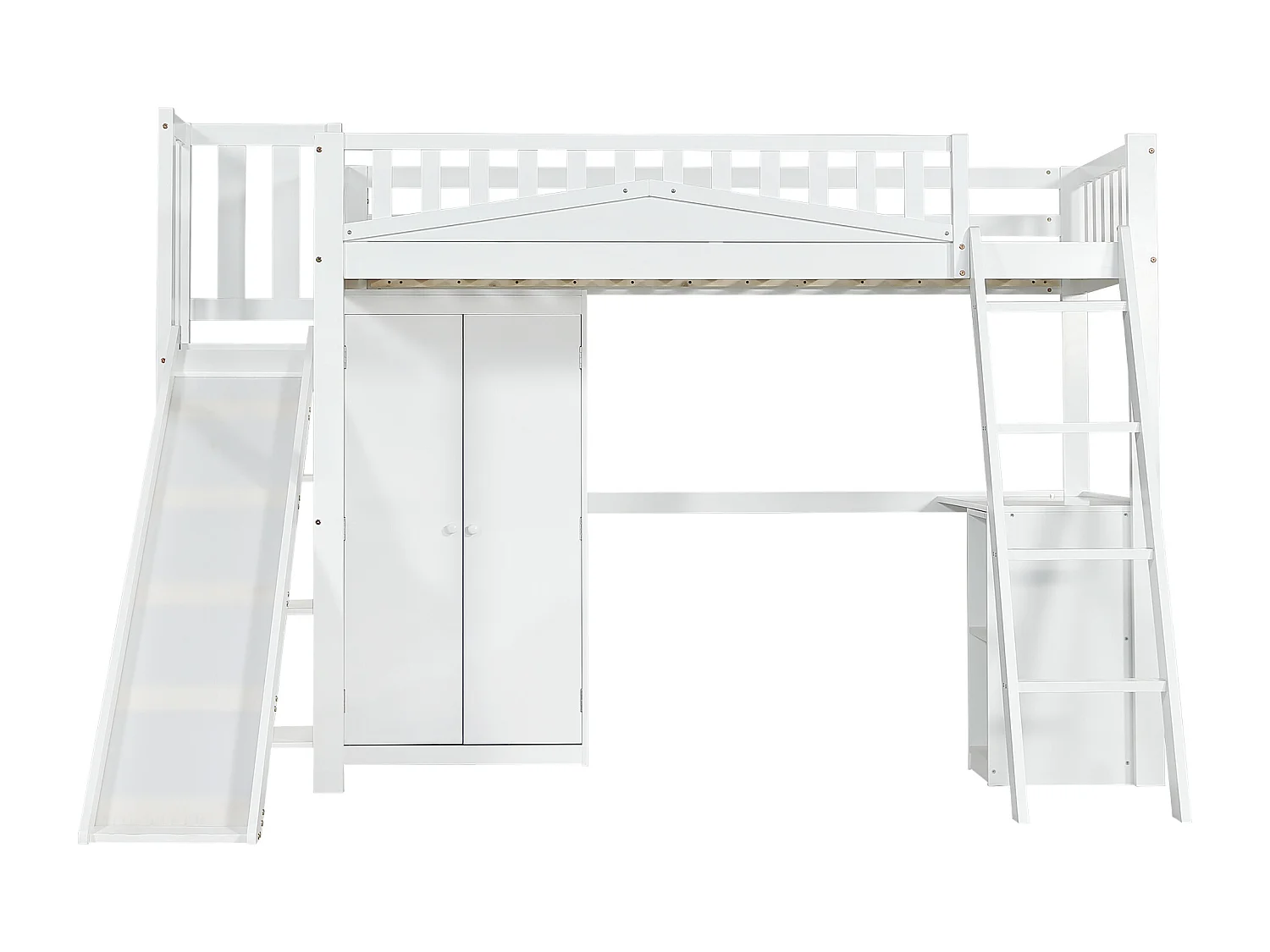 Lit mezzanine en bois 90x200 cm - avec bureau + armoire + toboggan - Blanc