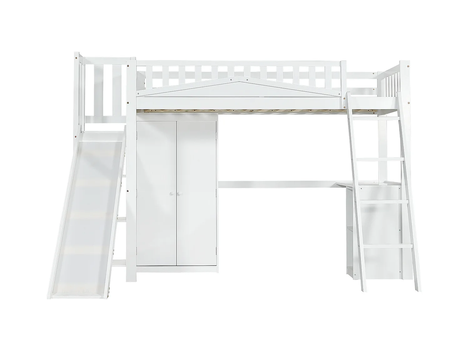 Lit mezzanine en bois 90x200 cm - avec bureau + armoire + toboggan - Blanc
