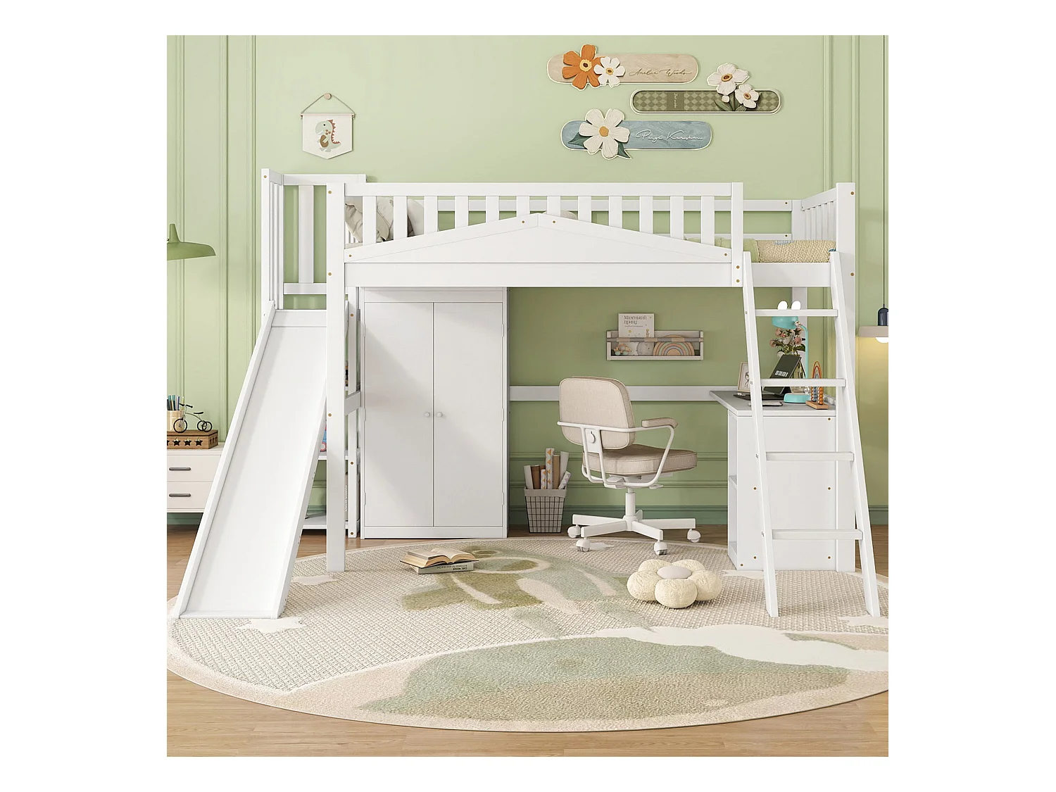Lit mezzanine en bois 90x200 cm - avec bureau + armoire + toboggan - Blanc