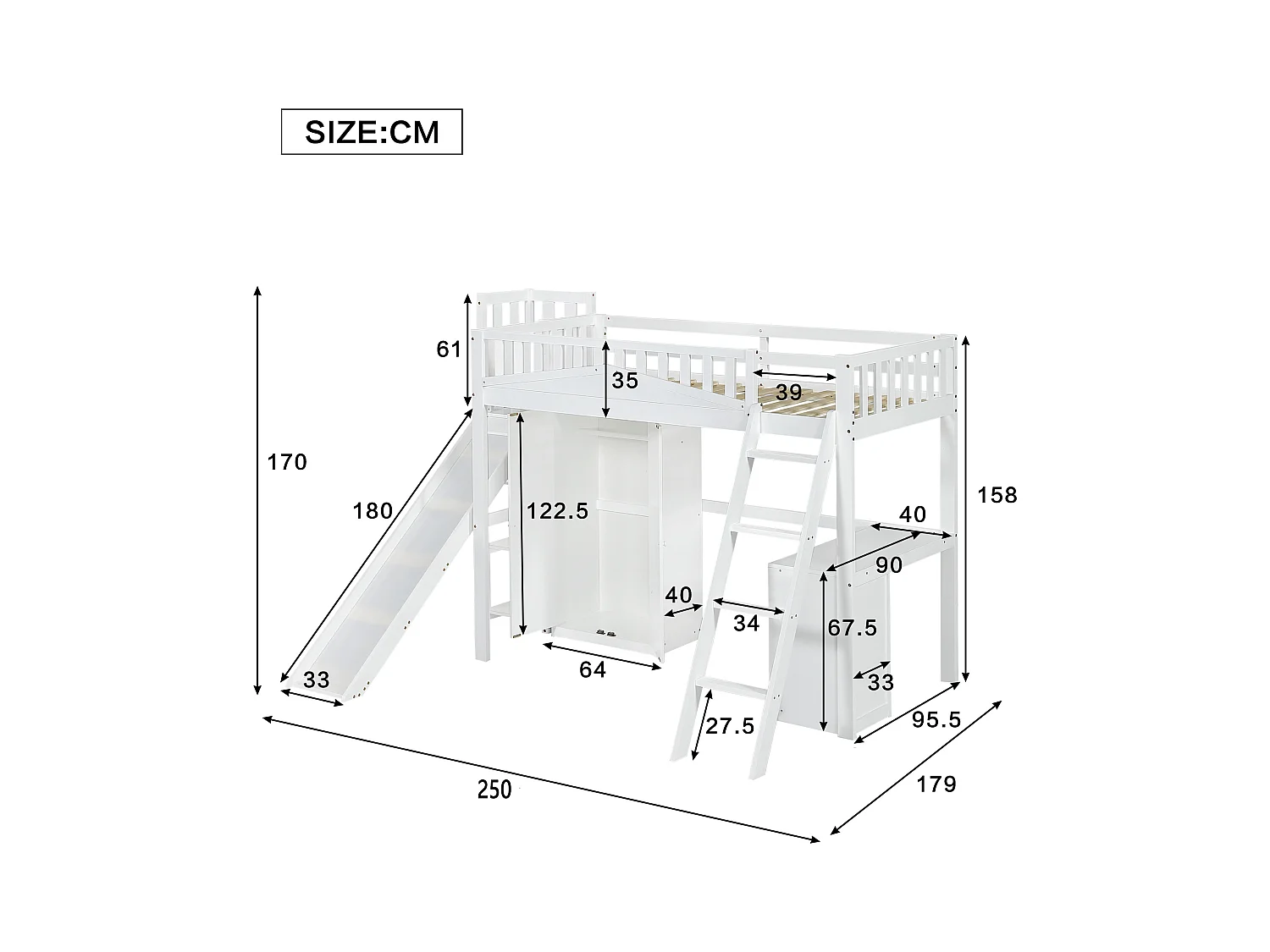 Lit mezzanine en bois 90x200 cm - avec bureau + armoire + toboggan - Blanc