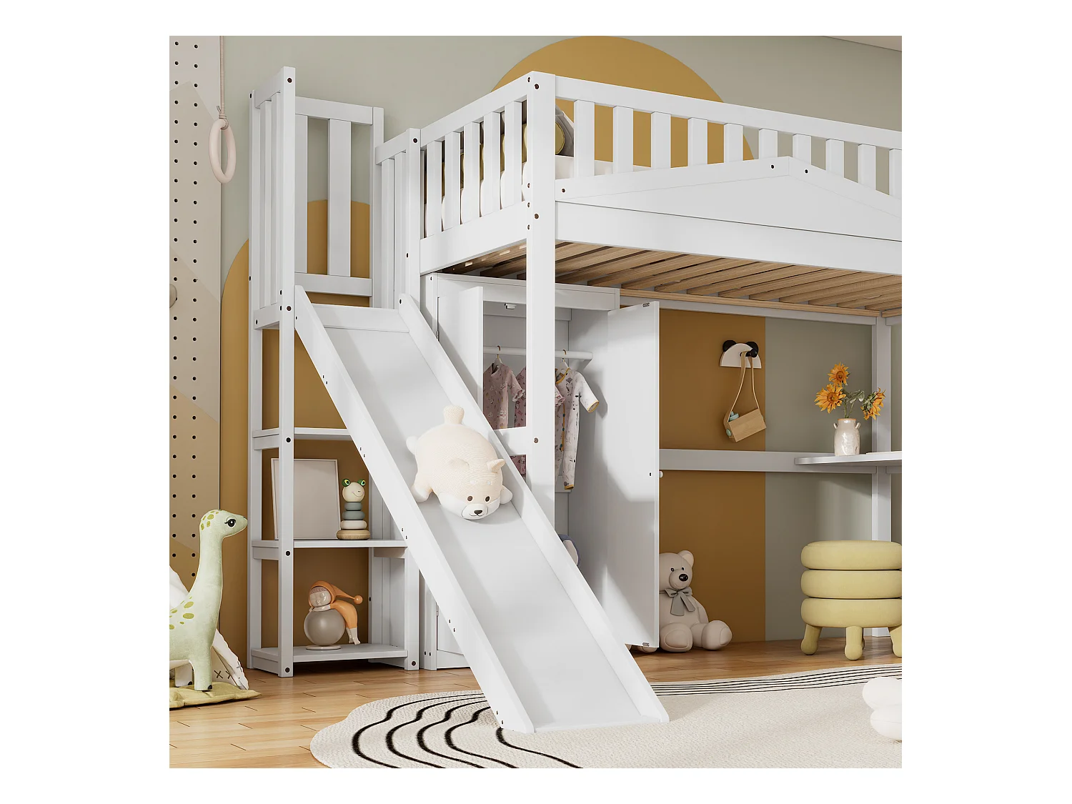 Lit mezzanine en bois 90x200 cm - avec bureau + armoire + toboggan - Blanc