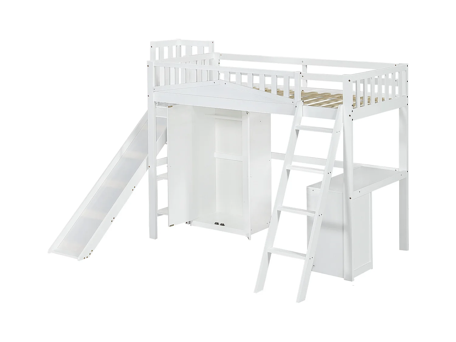 Lit mezzanine en bois 90x200 cm - avec bureau + armoire + toboggan - Blanc