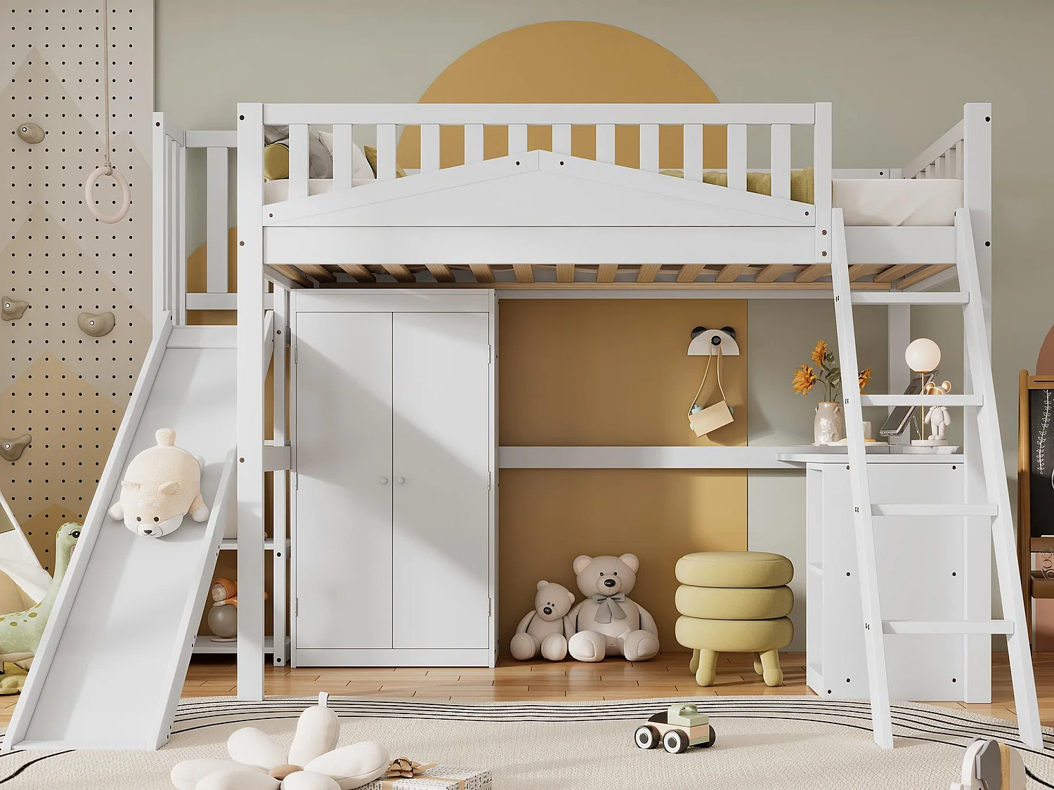 Lit mezzanine en bois 90x200 cm - avec bureau + armoire + toboggan - Blanc