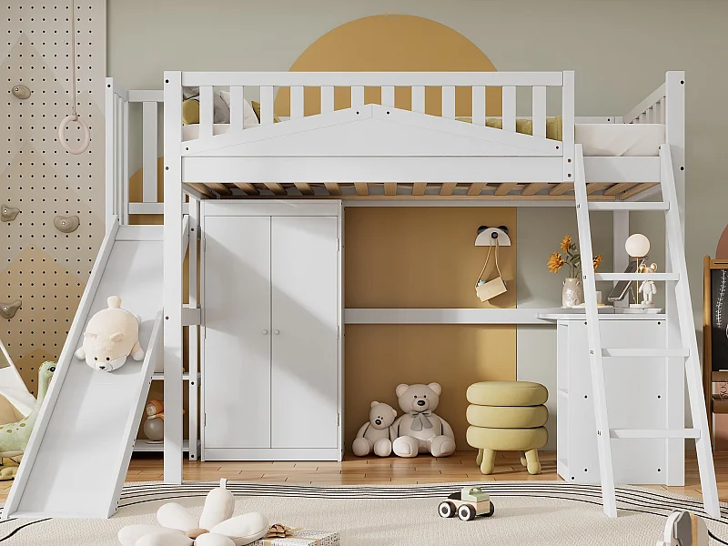 Holz-Hochbett 90x200 cm - mit Schreibtisch + Kleiderschrank + Rutsche - Weiß