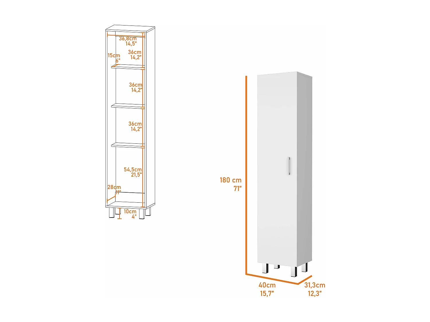 Colonna bagno Vintro in melamina con 4 ripiani e 1 anta , bianco , 180 cm X 40 cm X 31.3 cm