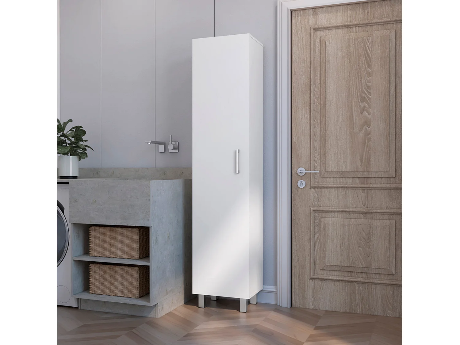 Colonne de salle de bain Vintro en mélamine avec 4 étagères et 1 porte , blanc , 180 cm X 40 cm X 31.3 cm