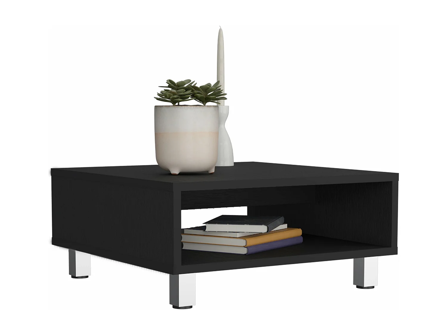 Tavolino Eclipse in melamina con ripiani inferiori e 4 gambe, nero , 26.9 cm X 60 cm X 60 cm