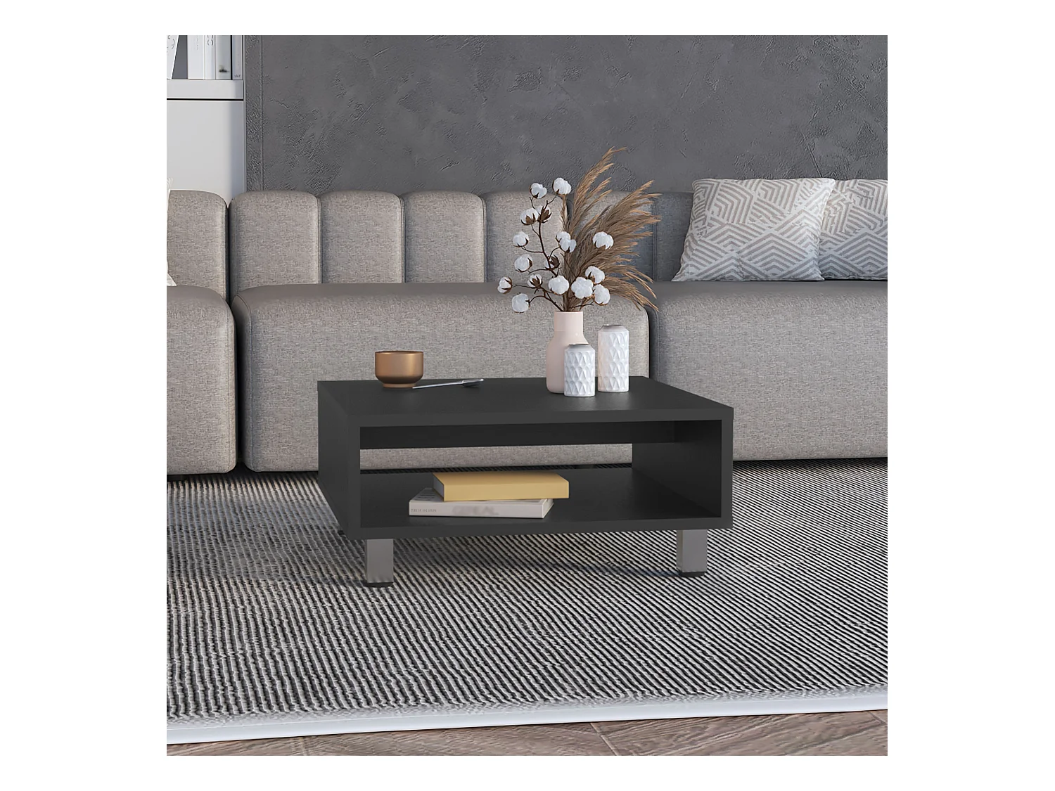 Table basse Eclipse en mélamine avec plateaux inférieurs et 4 pieds , noir , 26.9 cm X 60 cm X 60 cm