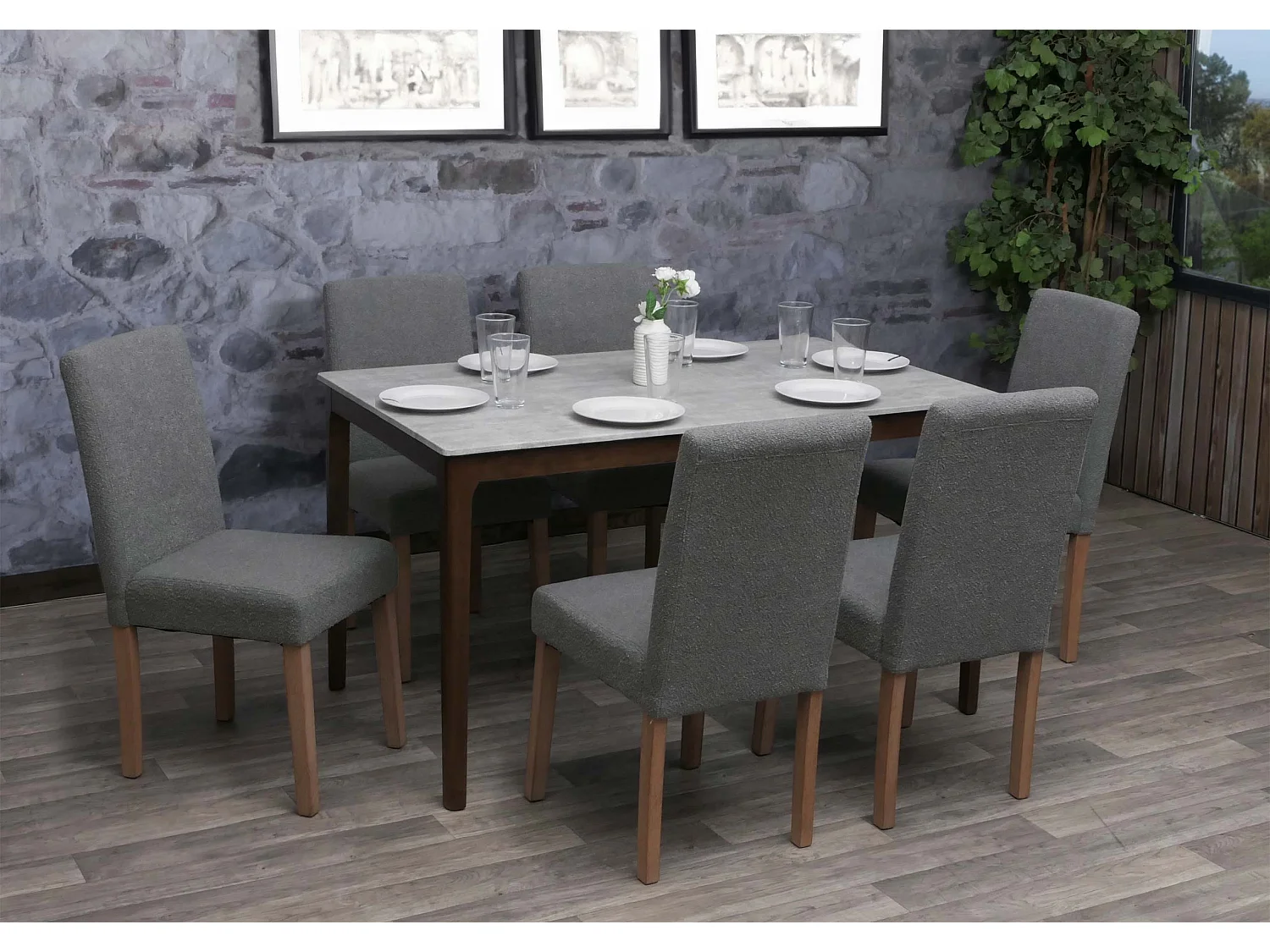 Eetkamerstoel Littau Bouclé (set van 4),  grijs, naturelkleurige poten