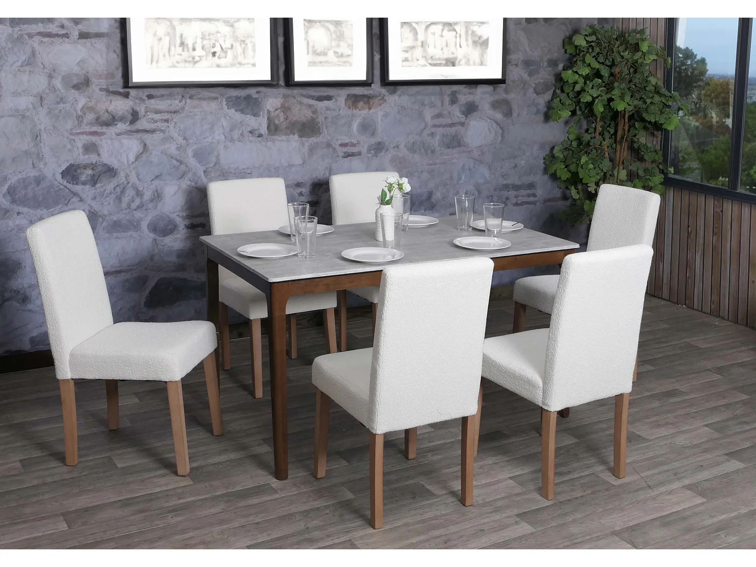 Eetkamerstoel Littau Bouclé (set van 4),  crème, naturelkleurige poten