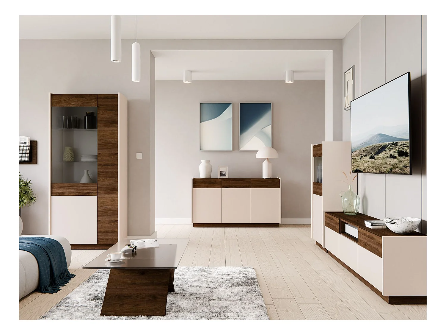 Vitrine basse à 2 portes - 60 cm - beige / noyer okapi - KOBBE