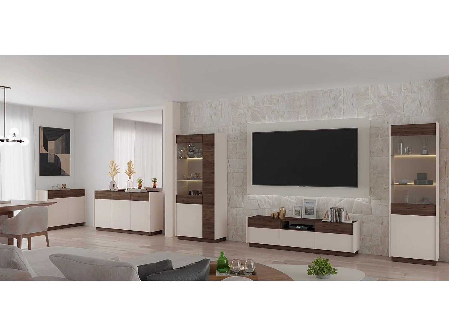 Vitrine haute à 2 portes - 60 cm - beige / noyer okapi - KOBBE