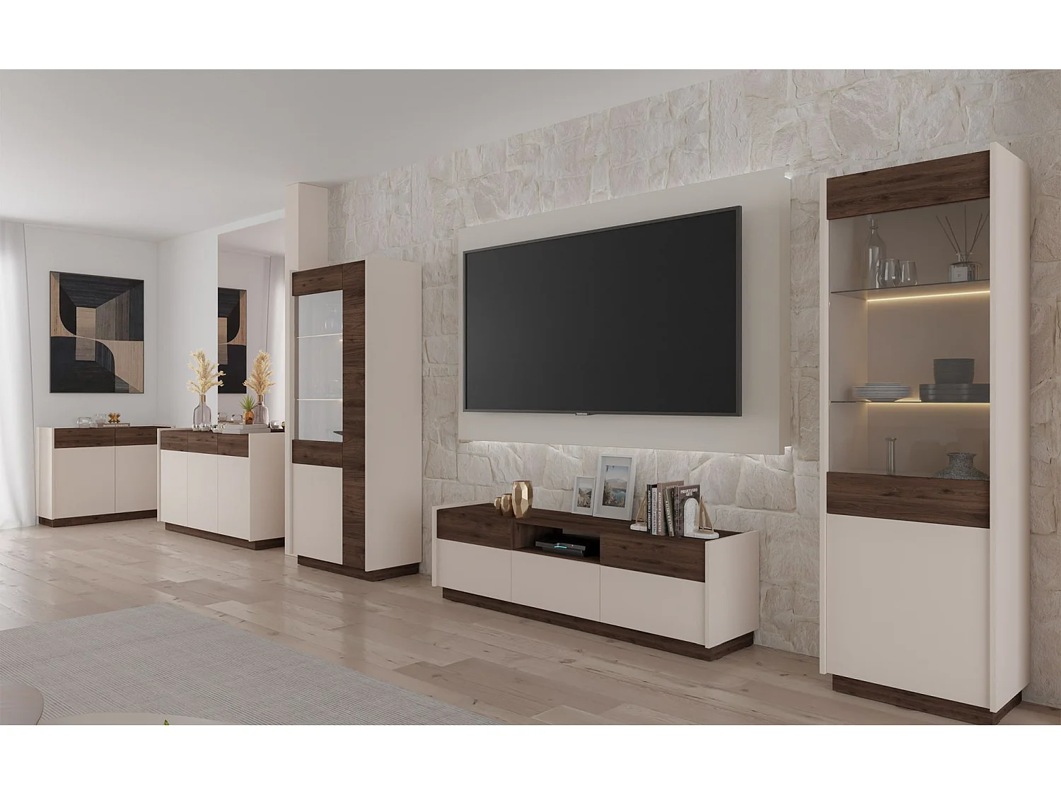 Vitrine haute à 2 portes - 60 cm - beige / noyer okapi - KOBBE