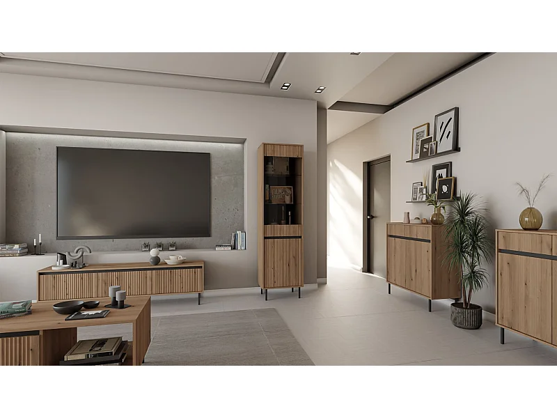 Vitrine 2-türig mit geriffelter Front - Eichenholzoptik Evoke - 56 cm - OSAKA