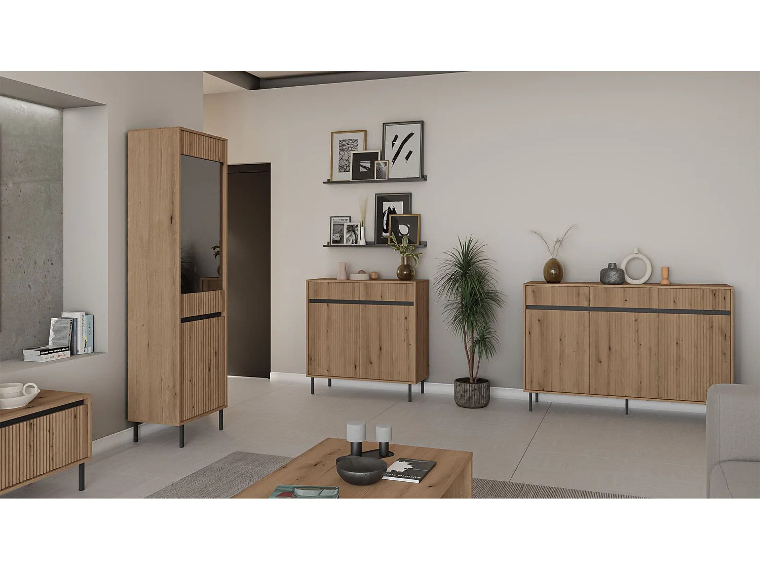 Vitrine 2-türig mit geriffelter Front - Eichenholzoptik Evoke - 56 cm - OSAKA