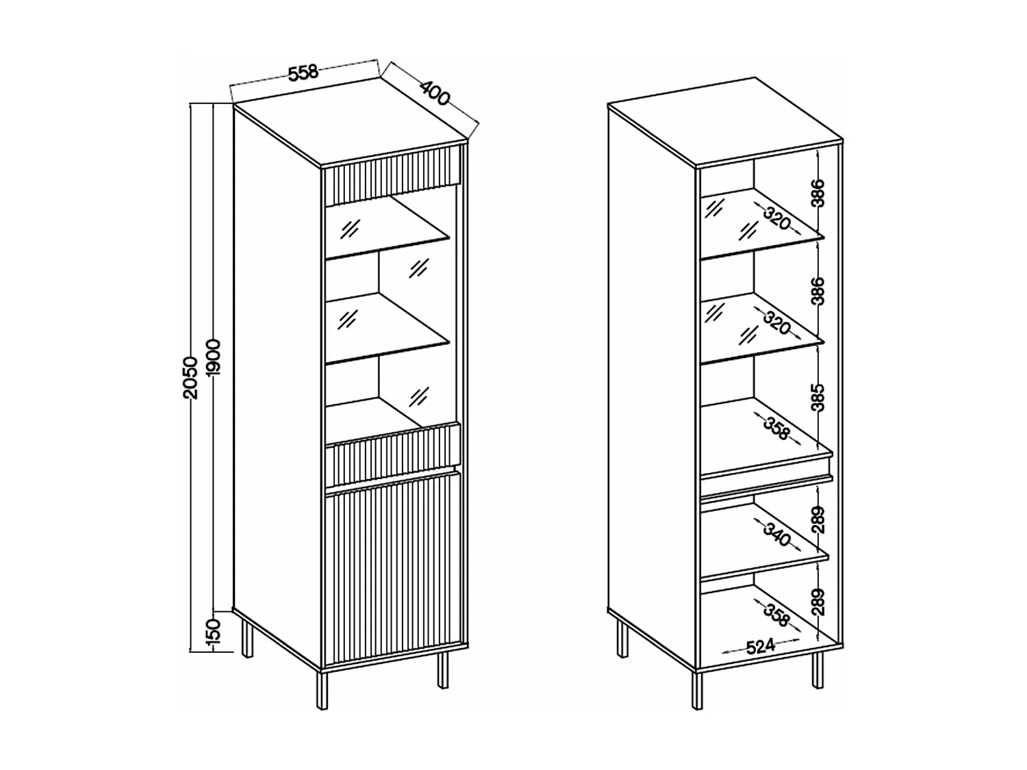 Vitrine 2-türig mit geriffelter Front - Eichenholzoptik Evoke - 56 cm - OSAKA