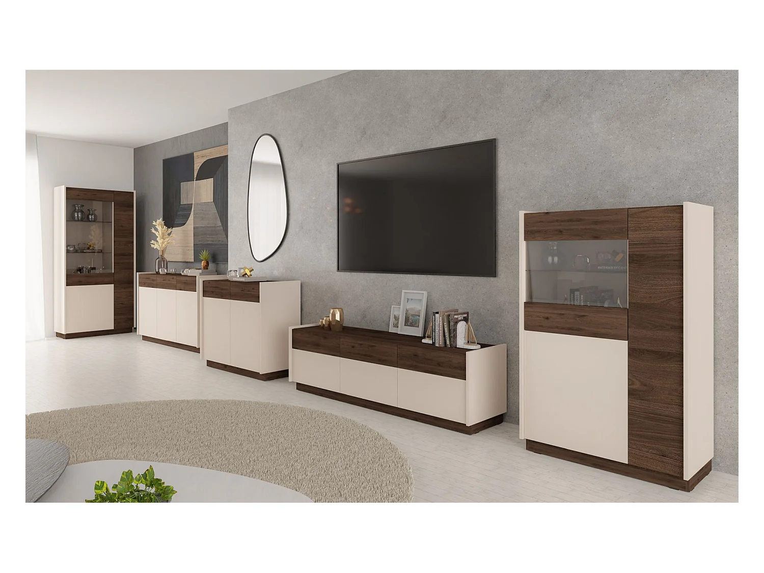 Vitrine basse à 3 portes - 85 cm - beige / noyer okapi - KOBBE