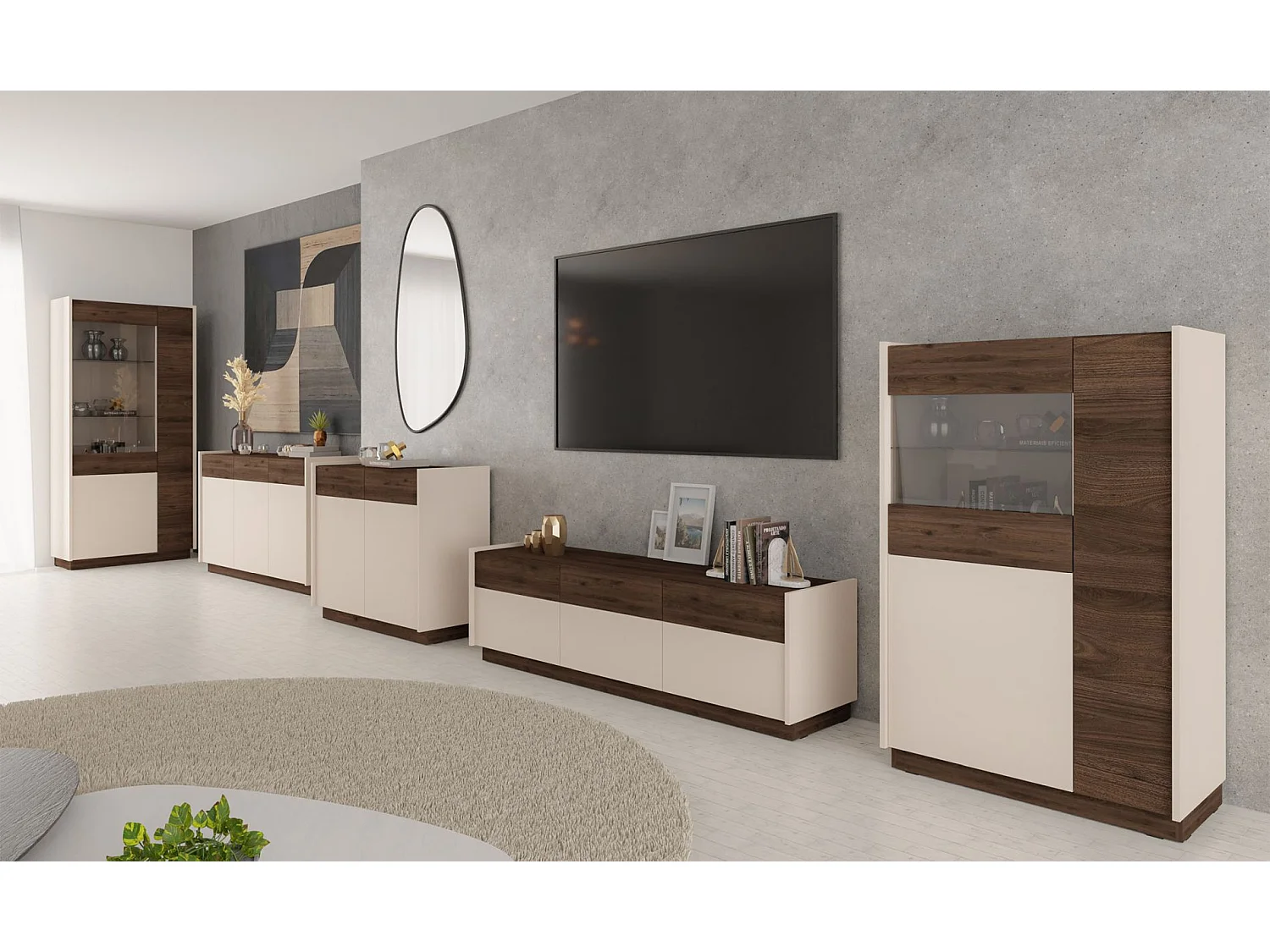 Vitrine basse à 3 portes - 85 cm - beige / noyer okapi - KOBBE