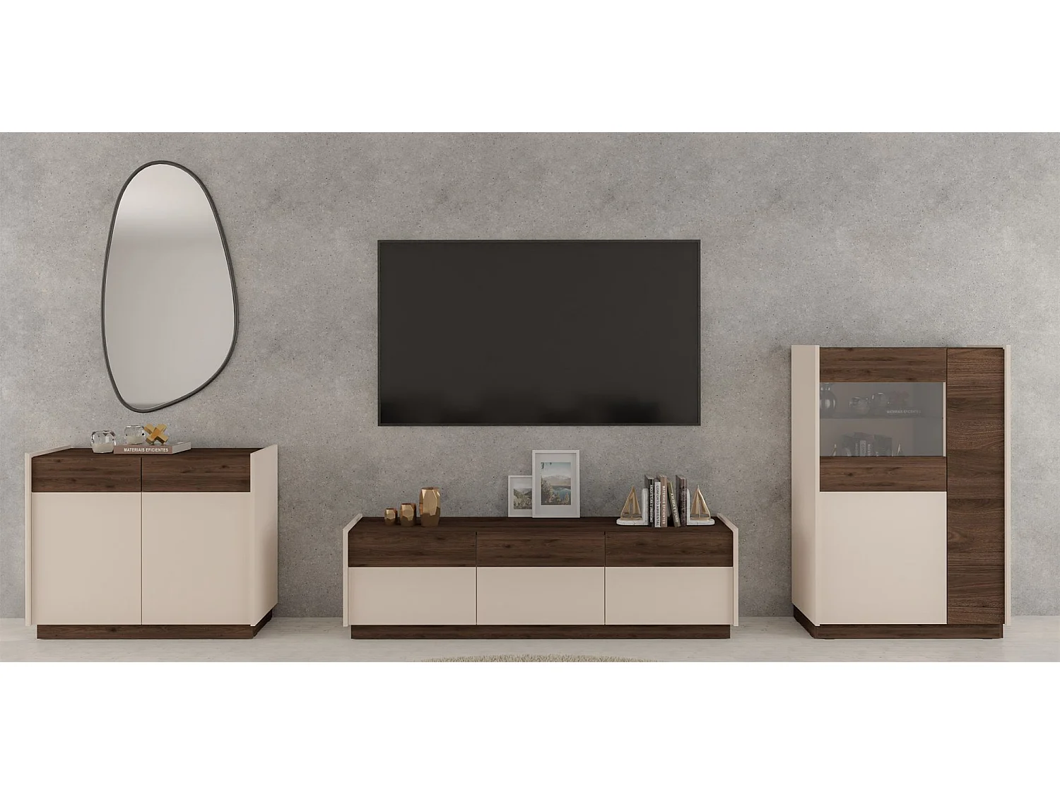 Vitrine basse à 3 portes - 85 cm - beige / noyer okapi - KOBBE