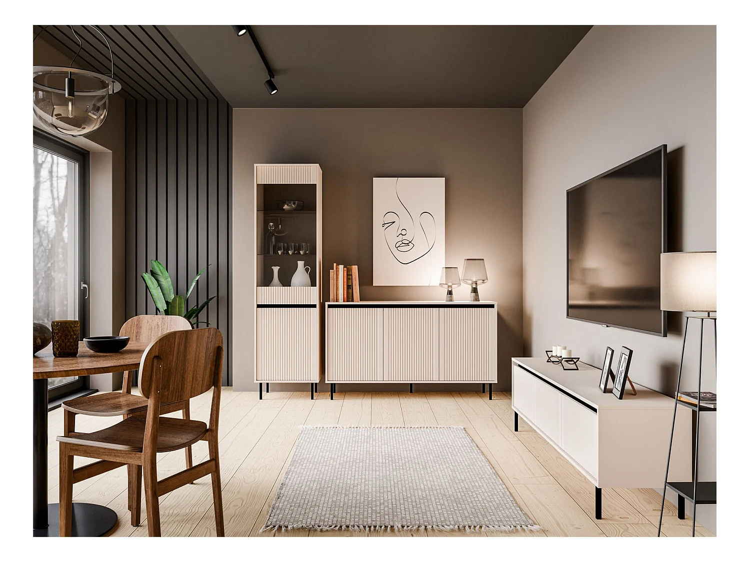 Vitrine 2 portes avec pieds noir - 56cm - Beige - OSAKA