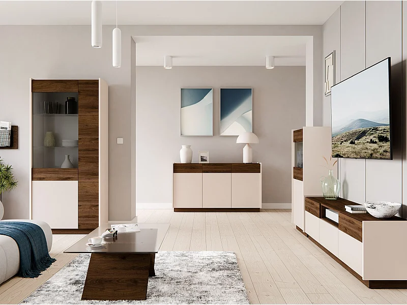 Vitrine haute à 3 portes - 85 cm - beige / noyer okapi - KOBBE