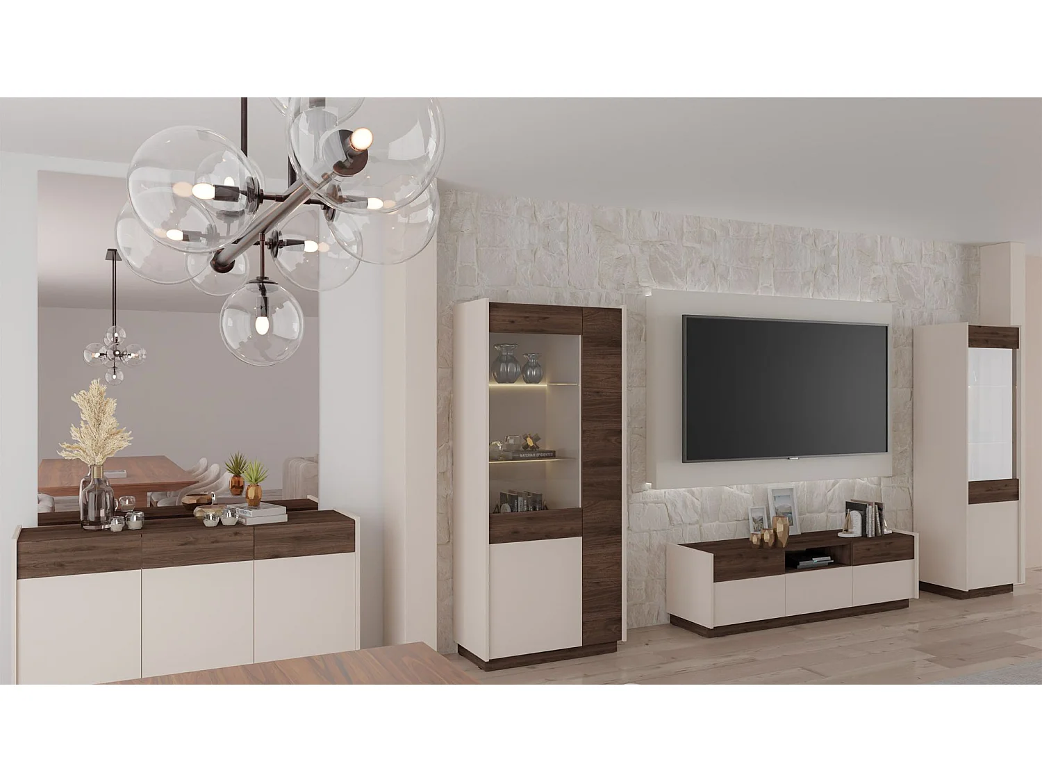 Vitrine haute à 3 portes - 85 cm - beige / noyer okapi - KOBBE