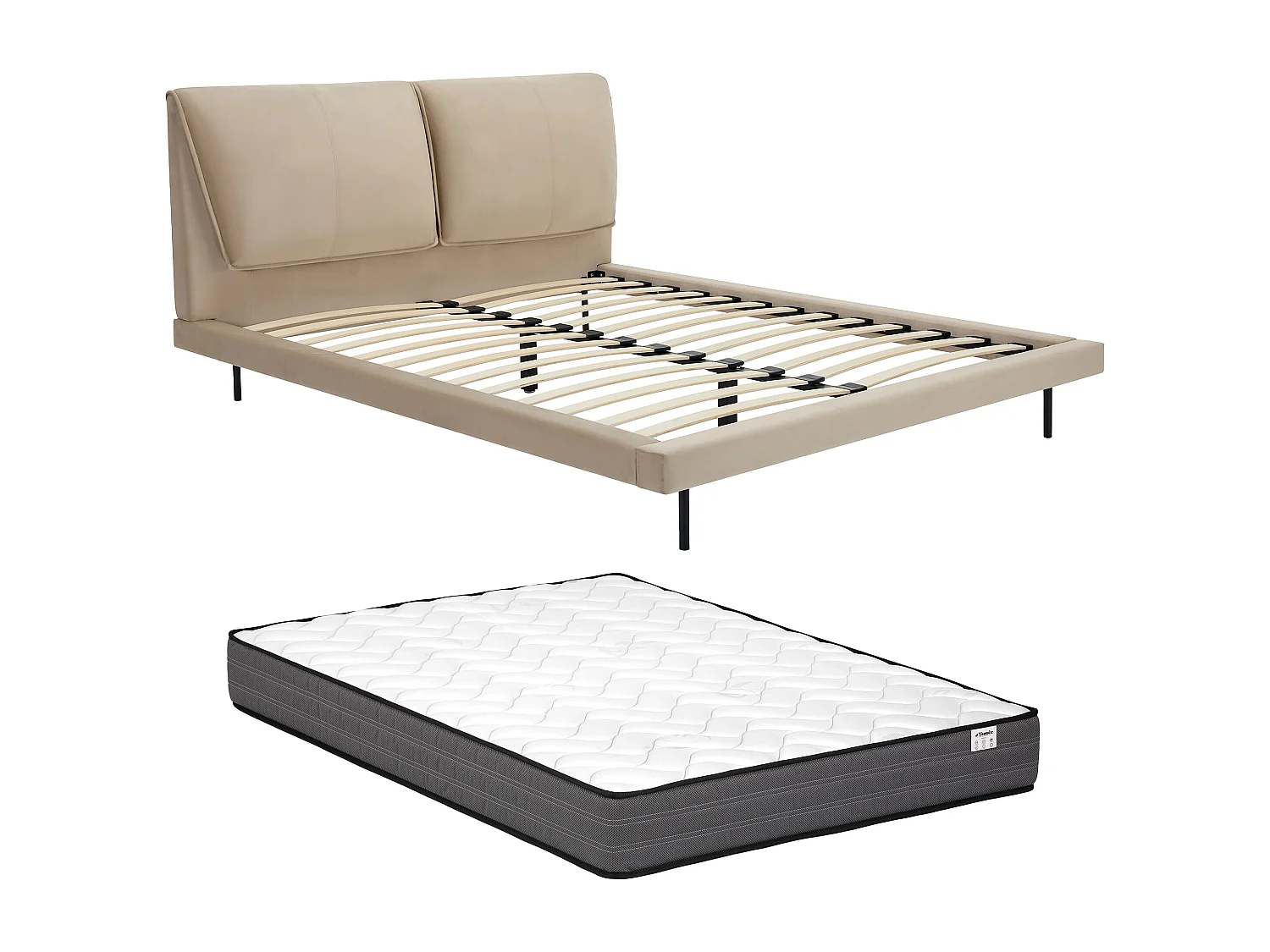 Lit 140 x 190 cm - Velours - Taupe + Matelas - IBEDIA