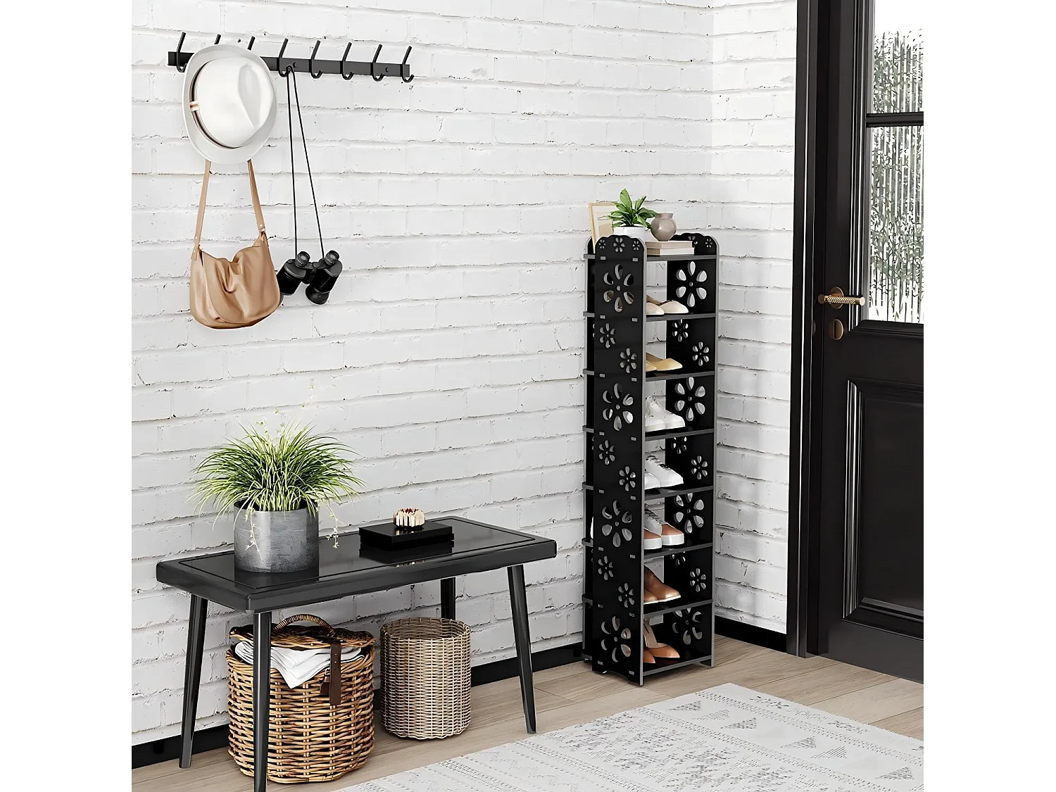 Meuble à Chaussures 8 Niveaux en Bois Plastique,Étagère de Rangement à Chaussures,Motif découpé,Déco 26x25x111CM,Noir