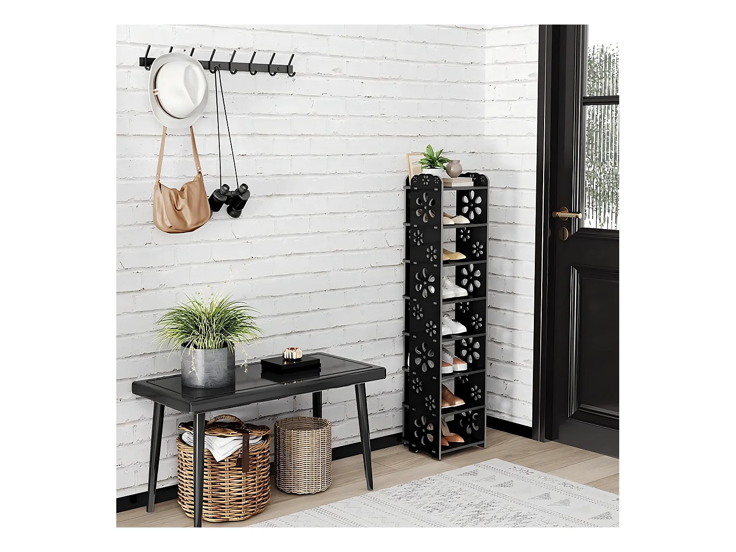 Schuhschrank 8 Level in Plastikholz, Schuhpraxis, Schnittmuster, Dekor 26x25x111cm, schwarz