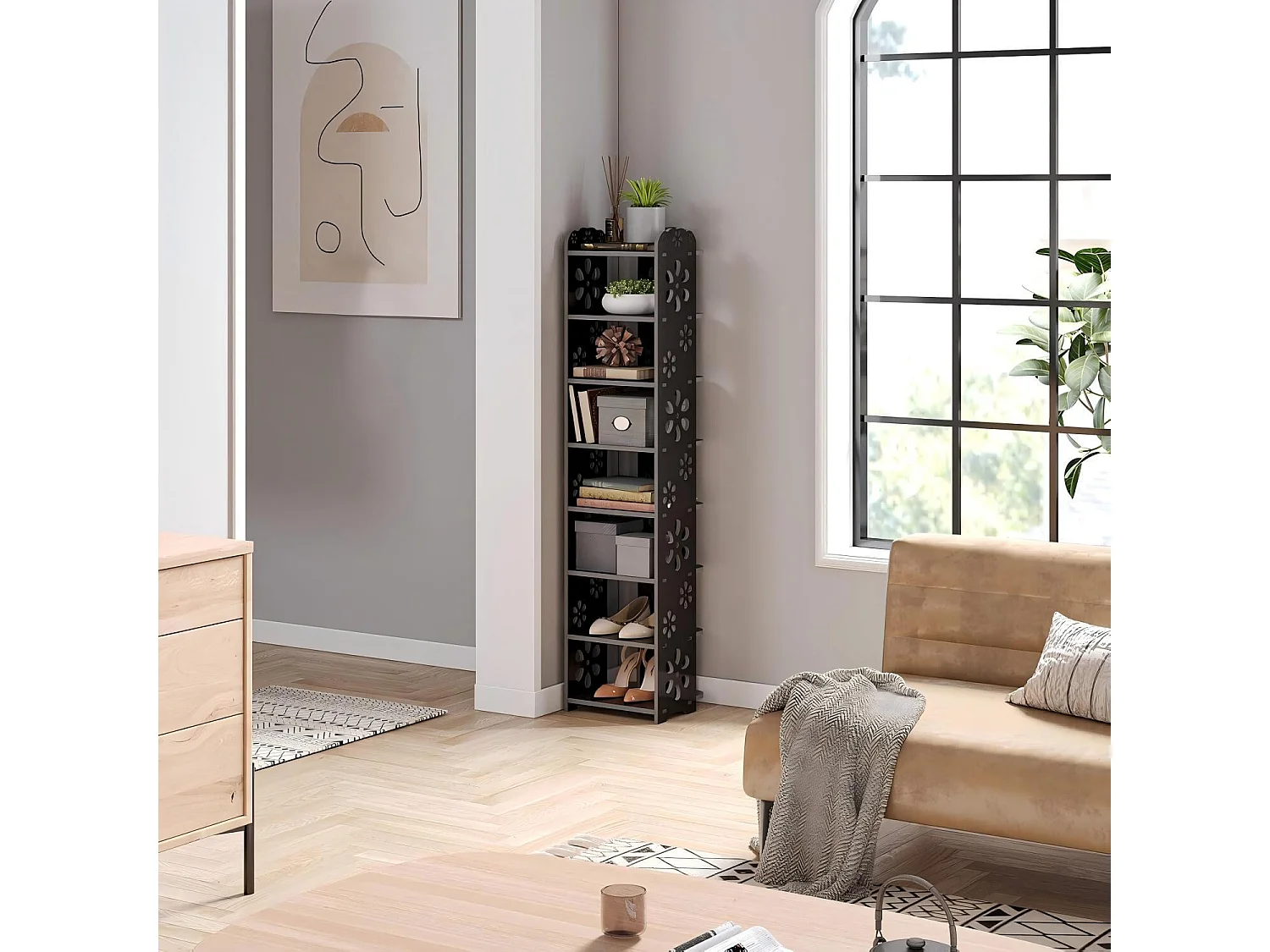 Gabinete de sapatos 8 níveis em madeira plástica, prateleira de armazenamento de sapatos, padrão de corte, decoração 26x25x111cm, preto