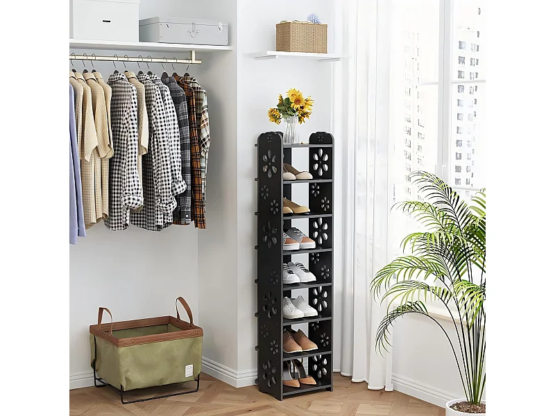 Gabinete de zapato 8 niveles en madera de plástico, estante de almacenamiento de zapatos, patrón de corte, decoración 26x25x111cm, negro