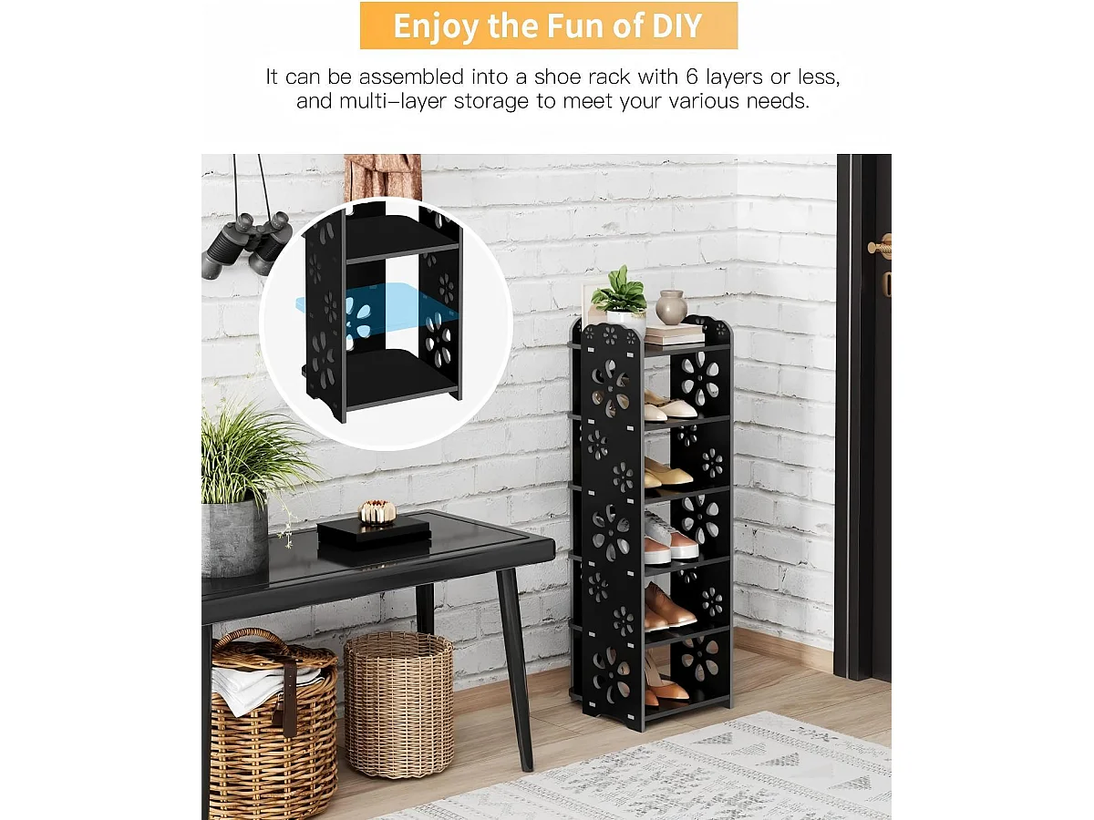 6-laags schoenenkast van kunststof hout, schoenenopbergplank, uitgesneden patroon, decoratief 26x25x81CM, zwart