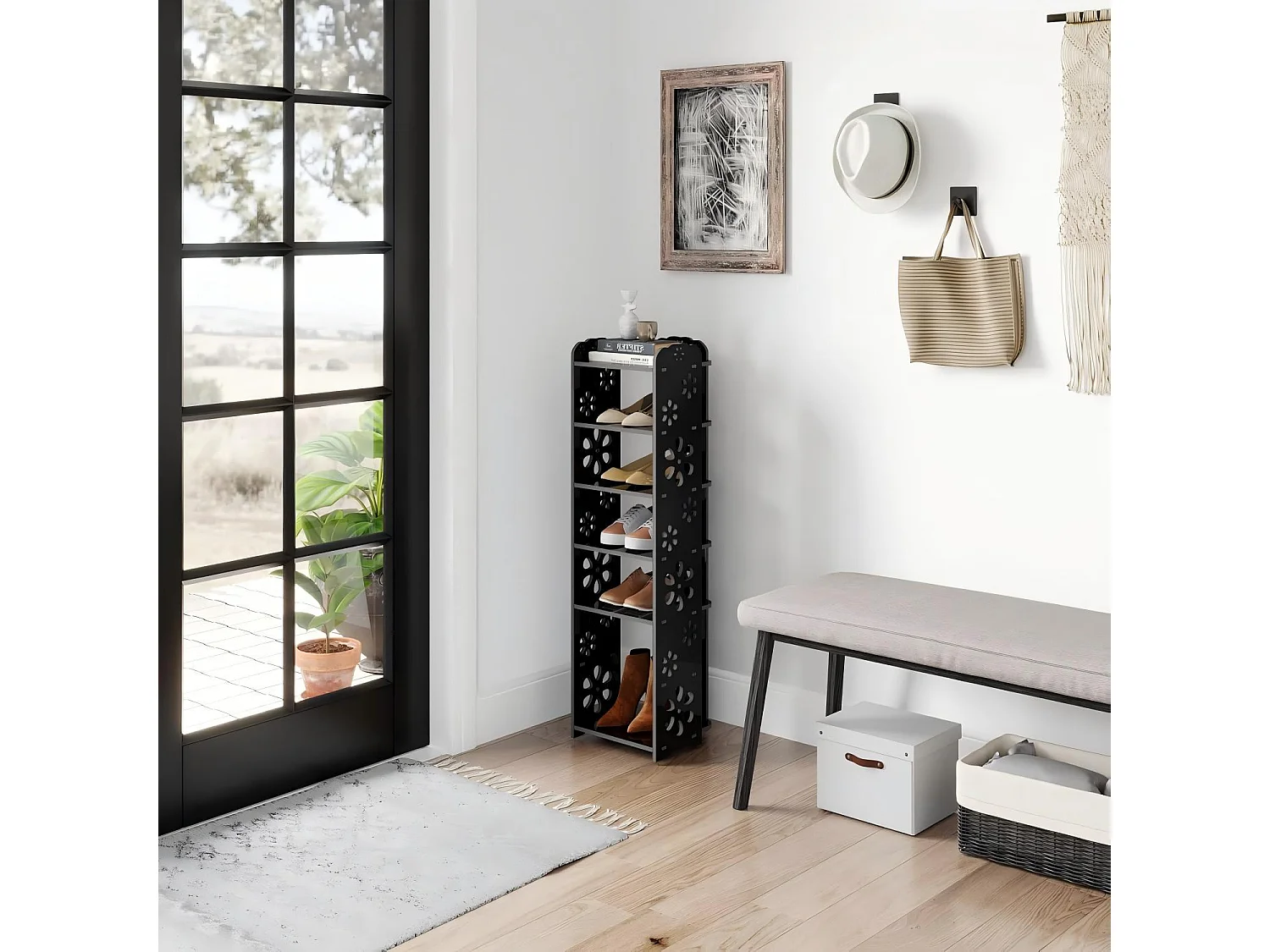 6-laags schoenenkast van kunststof hout, schoenenopbergplank, uitgesneden patroon, decoratief 26x25x81CM, zwart