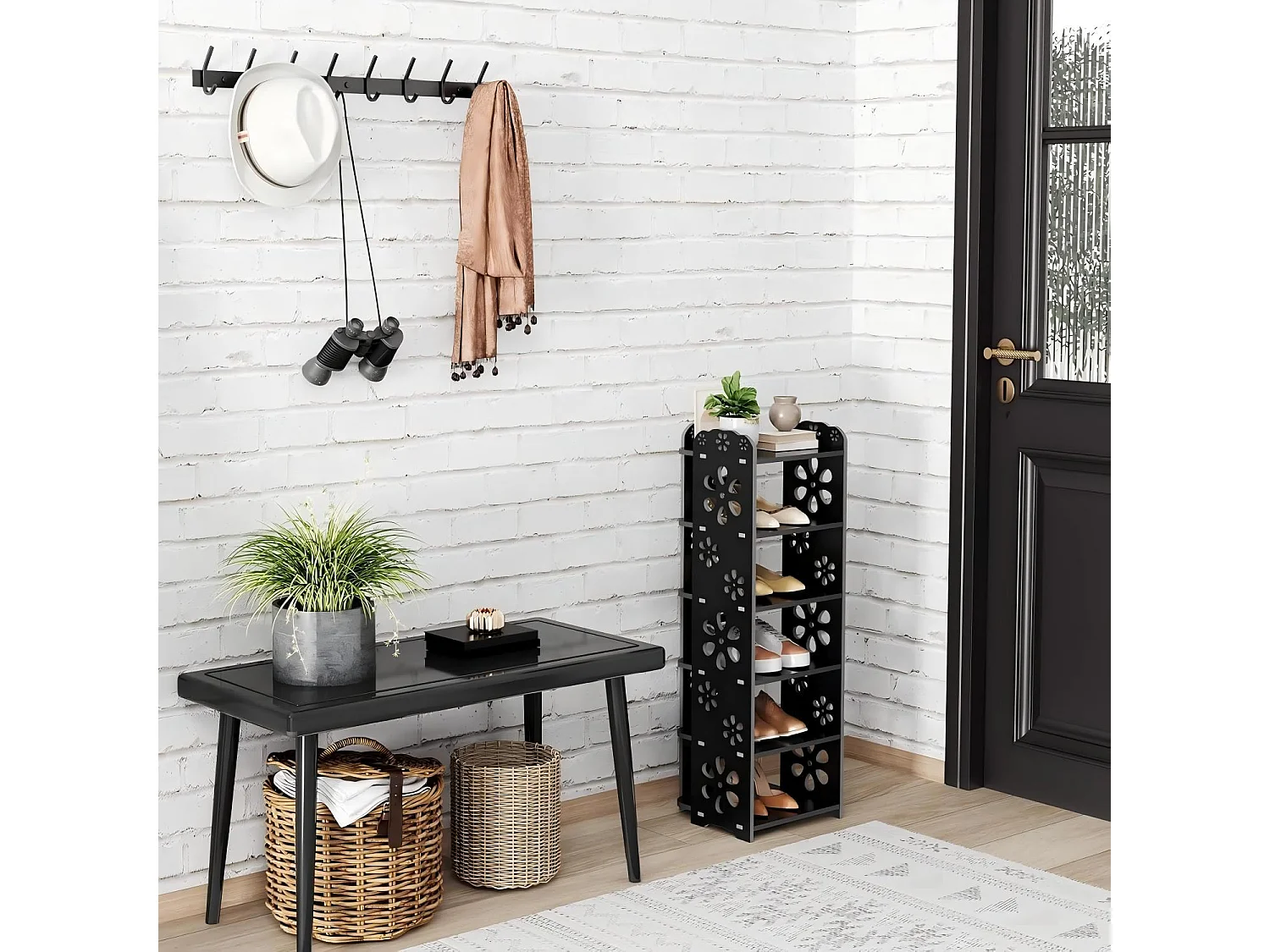 6-laags schoenenkast van kunststof hout, schoenenopbergplank, uitgesneden patroon, decoratief 26x25x81CM, zwart