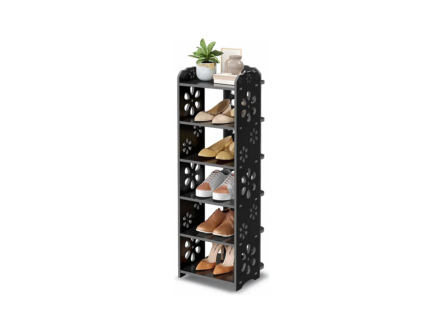 Meuble à Chaussures 6 Niveaux en Bois Plastique,Étagère de Rangement à Chaussures,Motif découpé,Déco 26x25x81CM,Noir